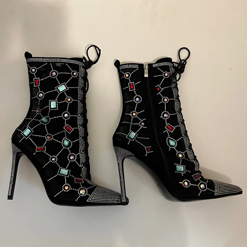 Brand New Azalea Wang GEM Black Mesh Jewel Bootie Heels, 10 - Picture 8 of 8